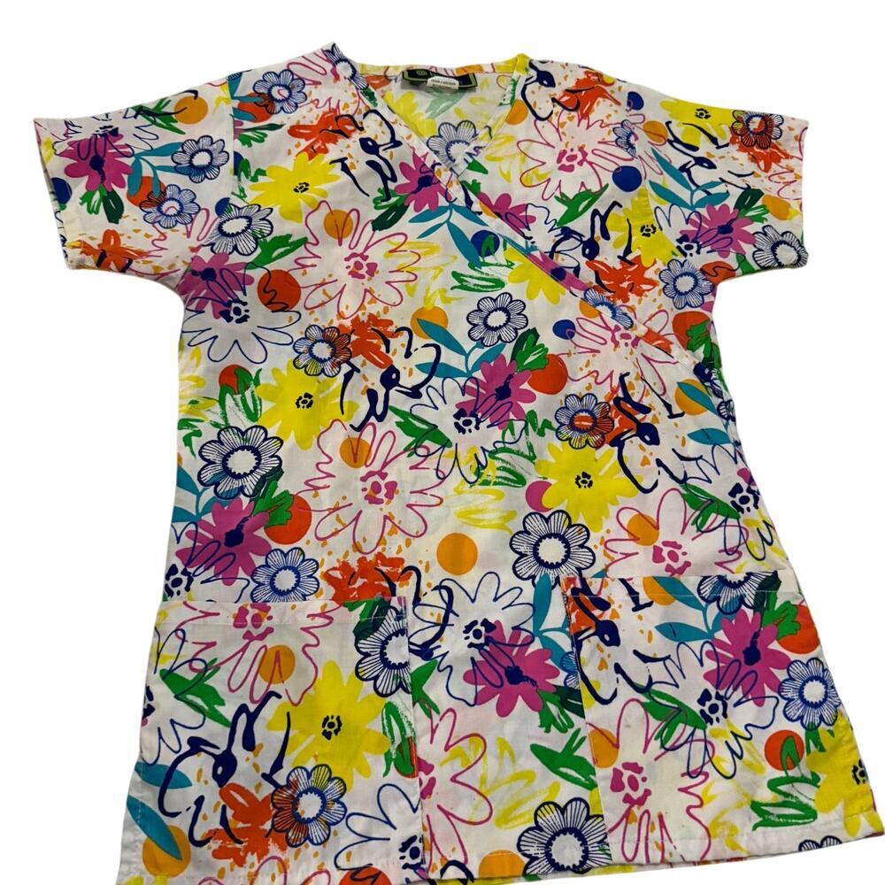 La Bonita womens scrub top floral flowers colorful sz XS nurse medical